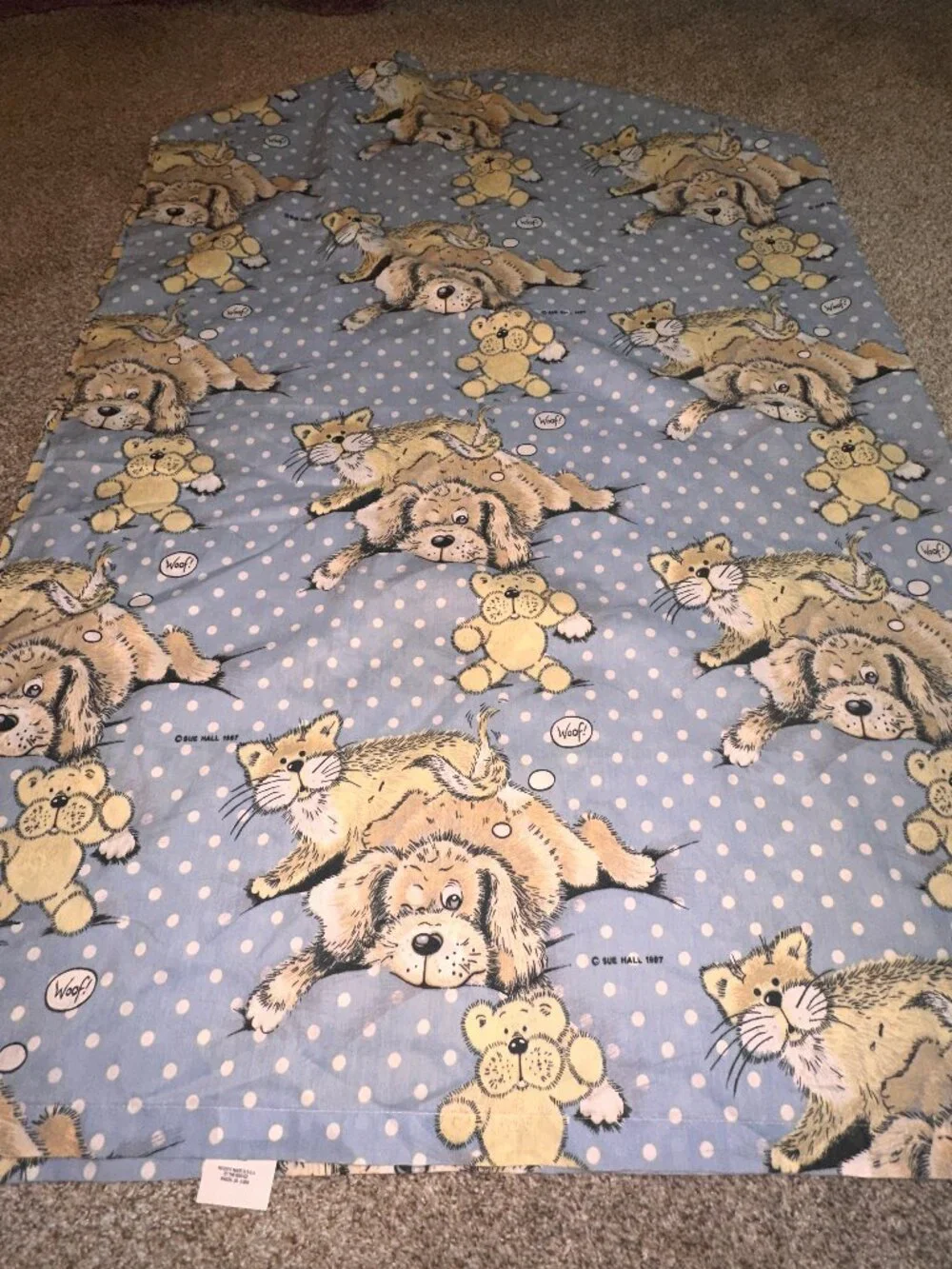 Vintage Sue Hall Snatch the Dog Cat Bear Twin Flat Sheet ONLY blue fabric 1987